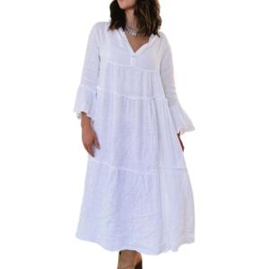 image:imageCHARTOU Women Casual Cotton Linen Shirt Dress Summer Oversized Tunic 34 Sleeve Flare Tiered Maxi DressWhite