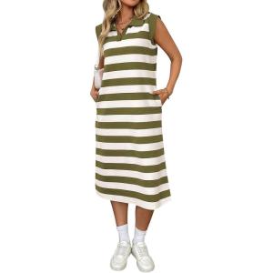 image:imageCHARTOU Women Casual Polo V Neck Tshirt Dress Striped Cap Sleeve Midi Dresses Summer Loose TunicsArmy