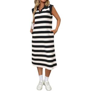 image:imageCHARTOU Women Casual Polo V Neck Tshirt Dress Striped Cap Sleeve Midi Dresses Summer Loose TunicsBlack