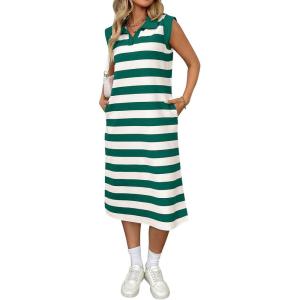 image:imageCHARTOU Women Casual Polo V Neck Tshirt Dress Striped Cap Sleeve Midi Dresses Summer Loose TunicsGreen