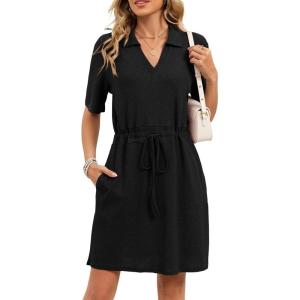 image:imageCHARTOU Women Casual Waffle Polo Tshirt Dress Summer Loose Drawstring Waist Short Dress with PocketsBlack