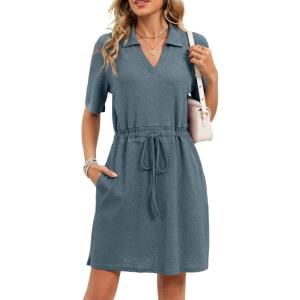 image:imageCHARTOU Women Casual Waffle Polo Tshirt Dress Summer Loose Drawstring Waist Short Dress with PocketsBlue