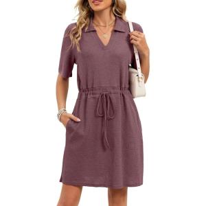 image:imageCHARTOU Women Casual Waffle Polo Tshirt Dress Summer Loose Drawstring Waist Short Dress with PocketsPurple