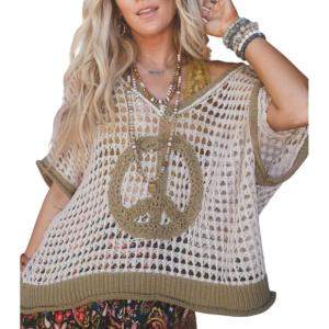 image:imageCHARTOU Women Chunky Cable Knit Sweater Vest Color Contrast Hollow Out Half Sleeve Pullover Tank TopsApricot