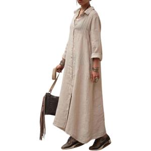 image:imageCHARTOU Women Cotton Linen Button Up Shirt Dress Flowy Long Sleeve Maxi Dress Modest Beach Cover Ups Kaftan SundressApricot