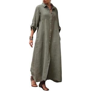 image:imageCHARTOU Women Cotton Linen Button Up Shirt Dress Flowy Long Sleeve Maxi Dress Modest Beach Cover Ups Kaftan SundressArmy Green