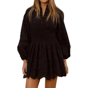 image:imageCHARTOU Women Eyelet Lace Shirt Dress Long Puff Sleeve Summer Smocked Elegant Party Mini DressBlack