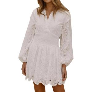 image:imageCHARTOU Women Eyelet Lace Shirt Dress Long Puff Sleeve Summer Smocked Elegant Party Mini DressWhite