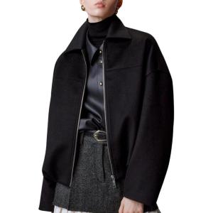image:imageCHARTOU Women Fall Crop Wool Jacket Zip Up Bomber Coats Ruched Hem Winter OutwearBlack