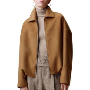 image:imageCHARTOU Women Fall Crop Wool Jacket Zip Up Bomber Coats Ruched Hem Winter OutwearCamel