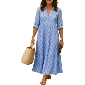image:imageCHARTOU Women Flowy Long Sleeve Maxi Shirt Dress Casual Loose Tunic Summer Boho Cotton Shift DressBlue