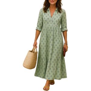 image:imageCHARTOU Women Flowy Long Sleeve Maxi Shirt Dress Casual Loose Tunic Summer Boho Cotton Shift DressGreen