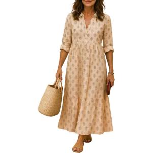 image:imageCHARTOU Women Flowy Long Sleeve Maxi Shirt Dress Casual Loose Tunic Summer Boho Cotton Shift DressOrange