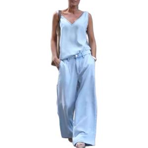 image:imageCHARTOU Women Lightweight Jean Tank Top Denim Pants Sets 2 Piece Outfits Wide Leg Baggy Jeans with PocketsBlue