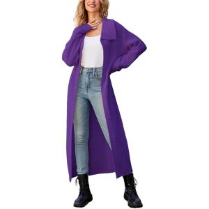 image:imageCHARTOU Women Long Cardigan Lapel Collar Open Front Cardigan Sweater Maxi Knit Duster JacketPurple