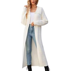 image:imageCHARTOU Women Long Cardigan Lapel Collar Open Front Cardigan Sweater Maxi Knit Duster JacketWhite