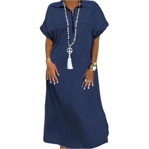 image:imageCHARTOU Women Loose Denim Maxi Dress Short Sleeve Zip Up Long Jean Dress Denim T Shirt Blouse Shift Dress Jumper 2024Dark Blue
