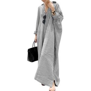 image:imageCHARTOU Women Loose Striped Shirt Dress Long Sleeve Flowy Shift Dress Button Up Cotton Maxi Dress Kimono Beach Cover UpsBlack