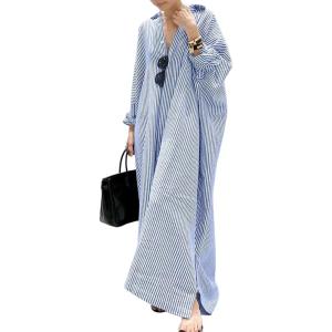 image:imageCHARTOU Women Loose Striped Shirt Dress Long Sleeve Flowy Shift Dress Button Up Cotton Maxi Dress Kimono Beach Cover UpsBlue