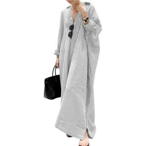 image:imageCHARTOU Women Loose Striped Shirt Dress Long Sleeve Flowy Shift Dress Button Up Cotton Maxi Dress Kimono Beach Cover UpsGrey