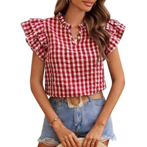 image:imageCHARTOU Women Plaid Summer Top Casual Loose Ruffle V Neck Flutter Sleeve Gingham Tunic Pullover ShirtRed