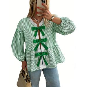 image:imageCHARTOU Women Stripe Tie Front Tops Babydoll Peplum Shirt Puff Long Sleeve Going Out Bow BlouseGreen
