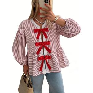 image:imageCHARTOU Women Stripe Tie Front Tops Babydoll Peplum Shirt Puff Long Sleeve Going Out Bow BlousePink