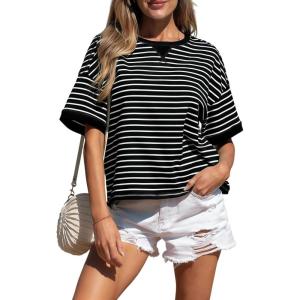 image:imageCHARTOU Women Striped Color Block Summer Top Casual Loose Crewneck Short Sleeve Tunic PulloverBlack