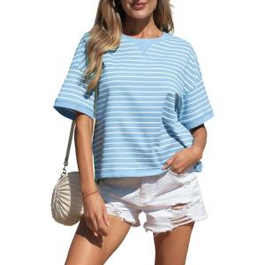 image:imageCHARTOU Women Striped Color Block Summer Top Casual Loose Crewneck Short Sleeve Tunic PulloverBlue