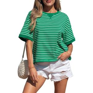 image:imageCHARTOU Women Striped Color Block Summer Top Casual Loose Crewneck Short Sleeve Tunic PulloverGreen