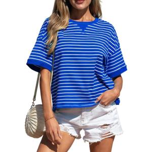 image:imageCHARTOU Women Striped Color Block Summer Top Casual Loose Crewneck Short Sleeve Tunic PulloverNavy