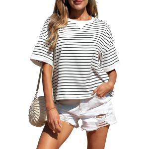 image:imageCHARTOU Women Striped Color Block Summer Top Casual Loose Crewneck Short Sleeve Tunic PulloverWhite