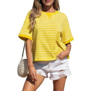 image:imageCHARTOU Women Striped Color Block Summer Top Casual Loose Crewneck Short Sleeve Tunic PulloverYellow
