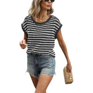 image:imageCHARTOU Women Striped Mesh Summer Top Causal Loose Crewneck Cap Sleeve Crochet Knitted Sweater PulloverBlack