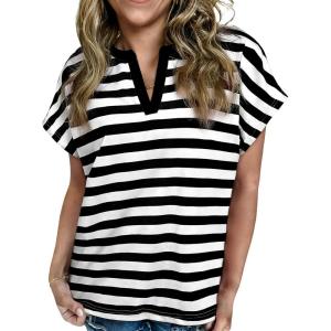 image:imageCHARTOU Women Striped Summer Top Color Contrast V Neck Short Sleeve T Shirt Dressy TopBlack