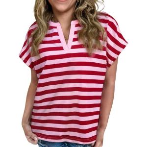 image:imageCHARTOU Women Striped Summer Top Color Contrast V Neck Short Sleeve T Shirt Dressy TopPink