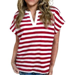 image:imageCHARTOU Women Striped Summer Top Color Contrast V Neck Short Sleeve T Shirt Dressy TopRed