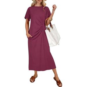 image:imageCHARTOU Women Summer Maxi Tshirt Dress Crew Neck Cinched Waist Loose Beach Vacation Shirt Dress with PocketsPurple