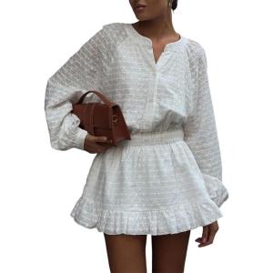 image:imageCHARTOU Women Summer Mini Dress Smocked Waisted Chic Embroidery Cotton Bottom Down Shirt DressWhite