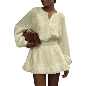 image:imageCHARTOU Women Summer Mini Dress Smocked Waisted Chic Embroidery Cotton Bottom Down Shirt DressYellow