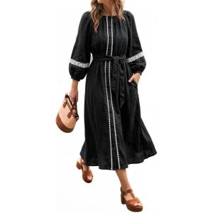 image:imageCHARTOU Women Summer Puff Sleeve Long Dress Loose Lace Trim Button Down Shirt Dress with BeltBlack