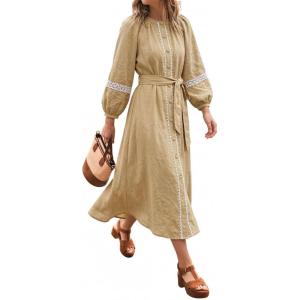 image:imageCHARTOU Women Summer Puff Sleeve Long Dress Loose Lace Trim Button Down Shirt Dress with BeltKhaki