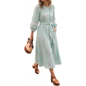 image:imageCHARTOU Women Summer Puff Sleeve Long Dress Loose Lace Trim Button Down Shirt Dress with BeltMint Green