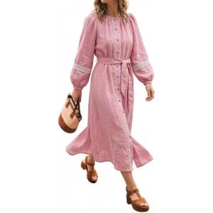 image:imageCHARTOU Women Summer Puff Sleeve Long Dress Loose Lace Trim Button Down Shirt Dress with BeltPink