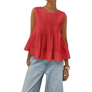 image:imageCHARTOU Women Summer Sleeveless Pleated Tank Shirt Crew Neck Back Button Ruffle Peplum Badydoll TopRed