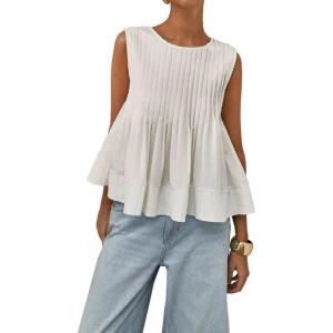 image:imageCHARTOU Women Summer Sleeveless Pleated Tank Shirt Crew Neck Back Button Ruffle Peplum Badydoll TopWhite