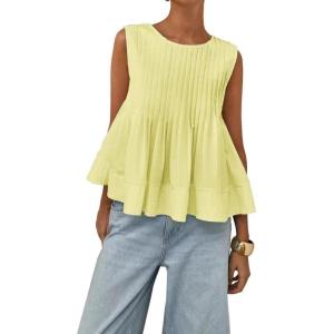 image:imageCHARTOU Women Summer Sleeveless Pleated Tank Shirt Crew Neck Back Button Ruffle Peplum Badydoll TopYellow