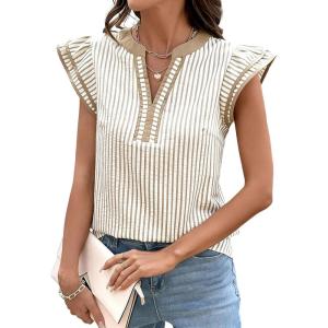 image:imageCHARTOU Women Summer Stripes Shirt Casual Loose V Neck Flutter Short Sleeve Blouse Color Block Tunic TopApricot