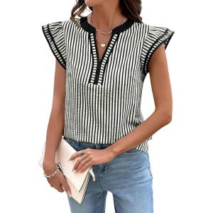 image:imageCHARTOU Women Summer Stripes Shirt Casual Loose V Neck Flutter Short Sleeve Blouse Color Block Tunic TopBlack
