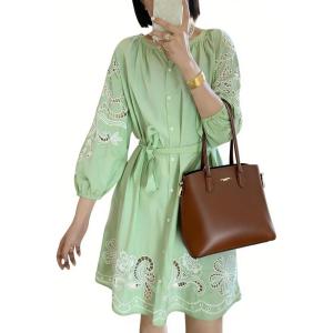 image:imageCHARTOU Women Summer Sundress Half Sleeve Dress Button Down Shirt Embroidery Lace Eyelet Tunic Dress with BeltGreen